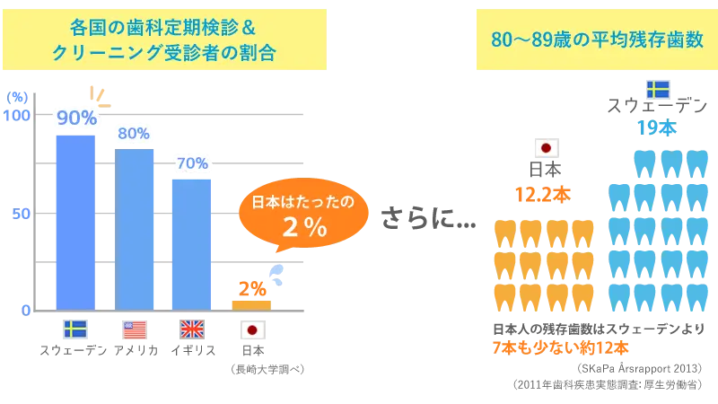 各国のメンテナンス率と歯の平均残存歯数